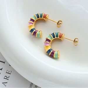 18K Gold Colorful Enamel Hoop Earrings*Spring Color*Waterproof and Sweatproof